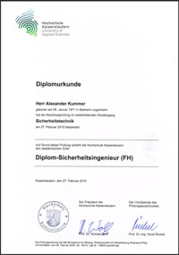 Urkunde der Hochschule Kaiserslautern, Diplom-Sicherheits-Ingenieur (FH)