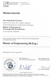 Masterurkunde der Fachhochschule Kaiserslautern M.Eng. - Vorbeugender Brandschutz