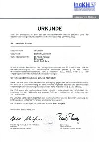 Urkunde zum Nachweisberechtigten für vorbeugenden Brandschutz der Ingenieurkammer Hessen