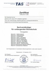 Urkunde zum Sachverstaendigen vorbeugender Brandschutz der Fachhochschule Kaiserslautern